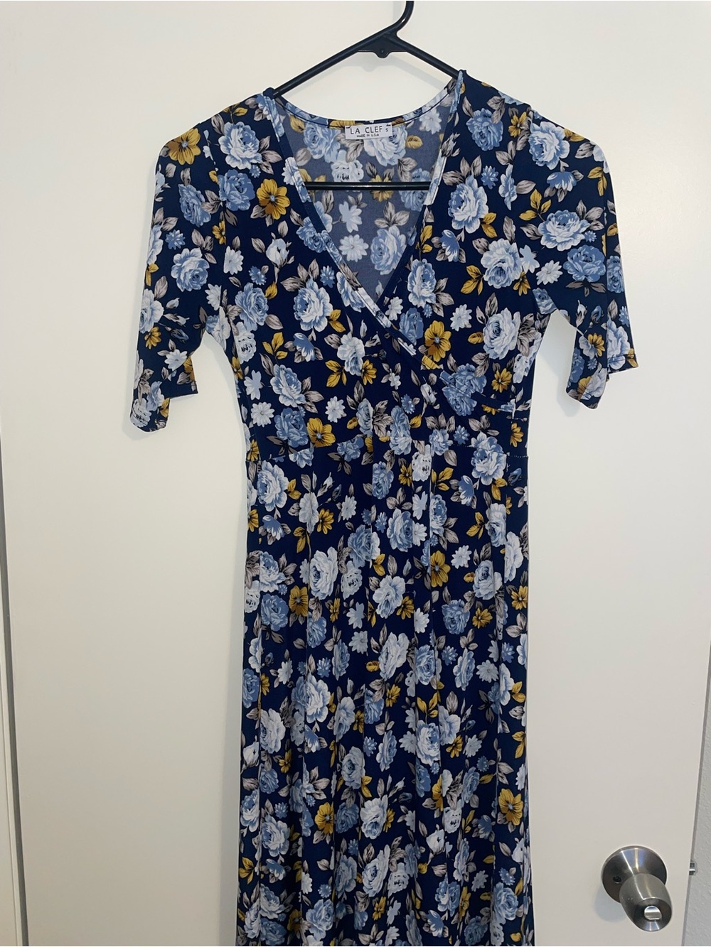 LaClef Navy Floral Wrap Maxi Dress with Blue and Yellow Blooms